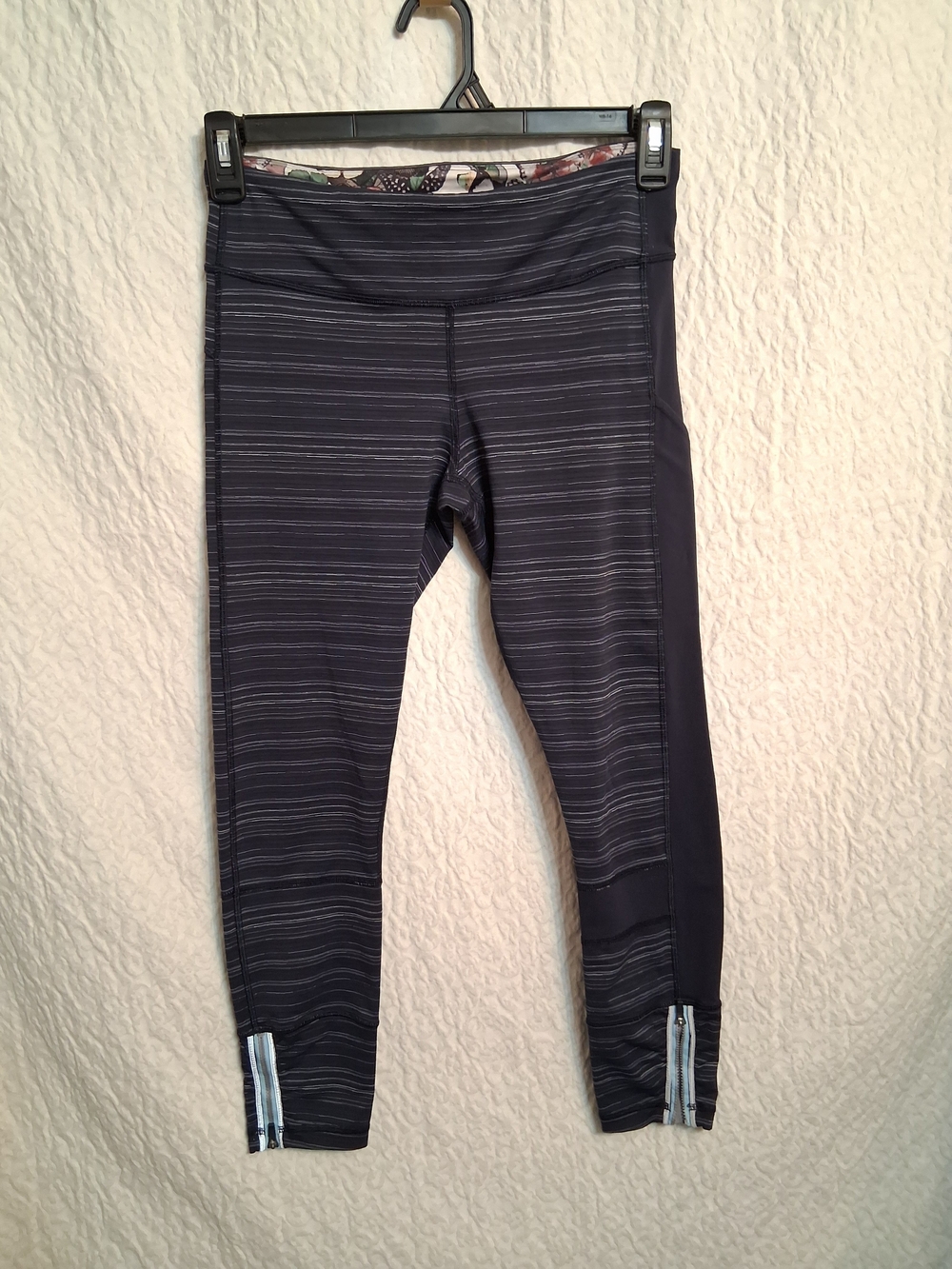 Lululemon Striped Dark Navy Athletic Leggings with Ankle Zips
